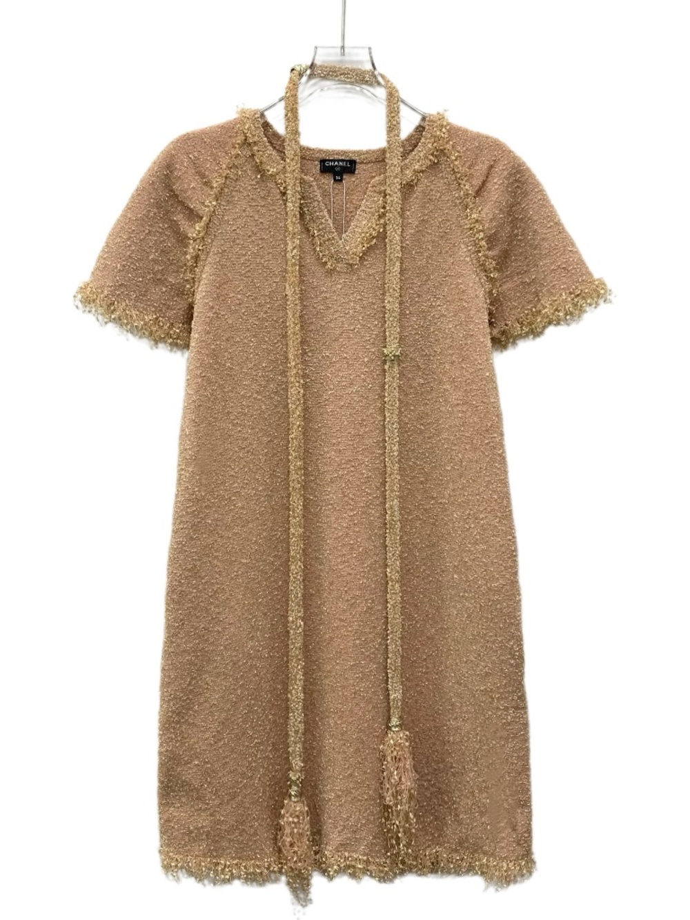 Chanel Brown Fine-Shimmer Woven Tweed Fringed Short-Sleeve Dress